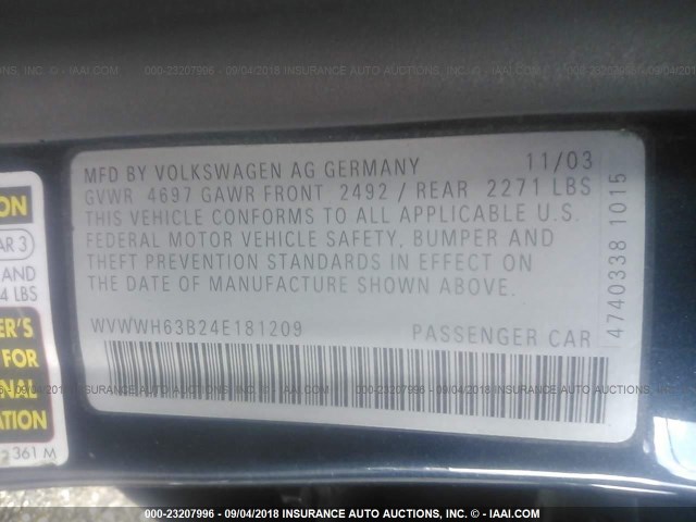 WVWWH63B24E181209 - 2004 VOLKSWAGEN PASSAT GLX BLUE photo 9