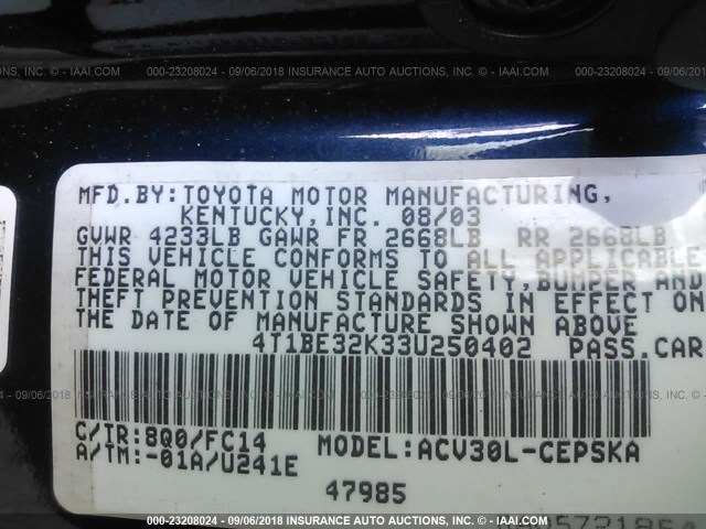 4T1BE32K33U250402 - 2003 TOYOTA CAMRY LE/XLE/SE 蓝色 照片 9