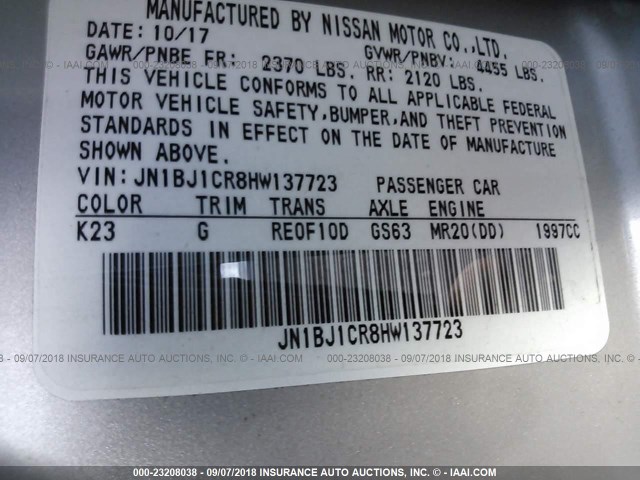 JN1BJ1CR8HW137723 - 2017 NISSAN ROGUE SPORT S/SV/SL SILVER photo 9