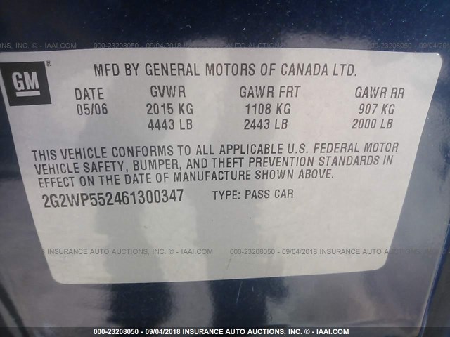 2G2WP552461300347 - 2006 PONTIAC GRAND PRIX BLUE photo 9