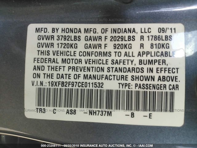 19XFB2F97CE011532 - 2012 HONDA CIVIC EXL 灰色 照片 9
