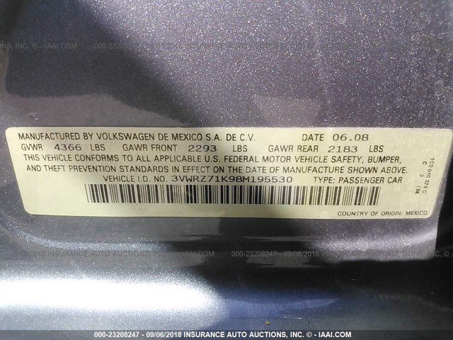 3VWRZ71K98M195530 - 2008 VOLKSWAGEN JETTA SE/SEL GRAY photo 9