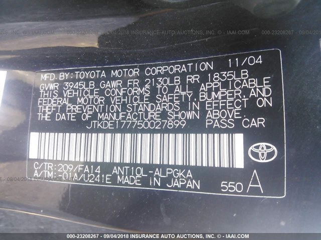 JTKDE177750027899 - 2005 TOYOTA SCION TC 黑色 照片 9