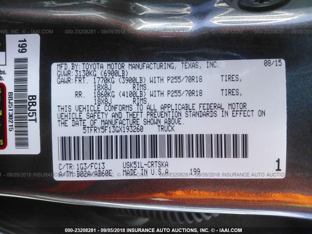 5TFRY5F13GX193260 - 2016 TOYOTA TUNDRA DOUBLE CAB SR/SR5 GRAY photo 9