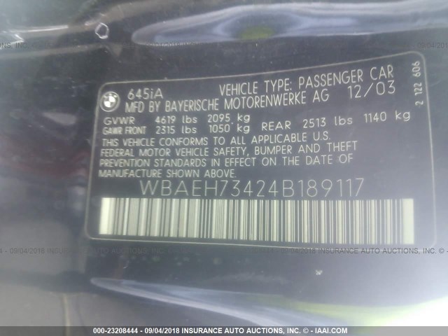 WBAEH73424B189117 - 2004 BMW 645 CI AUTOMATIC أسود صورة 9