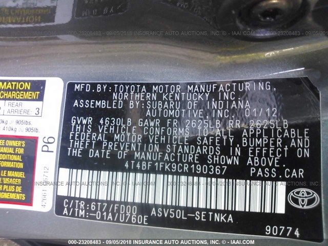 4T4BF1FK9CR190367 - 2012 TOYOTA CAMRY SE/LE/XLE მწვანე ფოტო 9