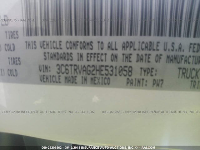 3C6TRVAG2HE531058 - 2017 RAM PROMASTER 1500 1500 STANDARD WHITE photo 9