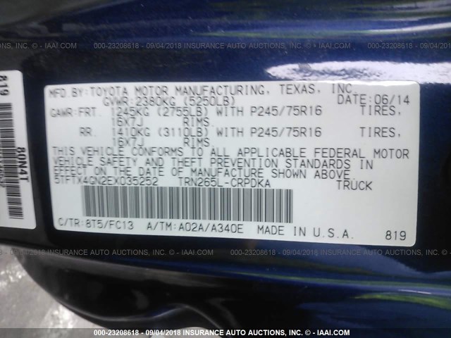 5TFTX4GN2EX035252 - 2014 TOYOTA TACOMA PRERUNNER ACCESS CAB BLUE photo 9