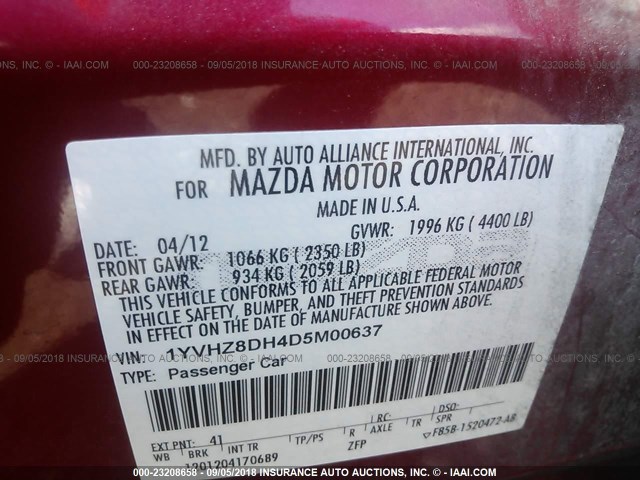 1YVHZ8DH4D5M00637 - 2013 MAZDA 6 TOURING RED photo 9