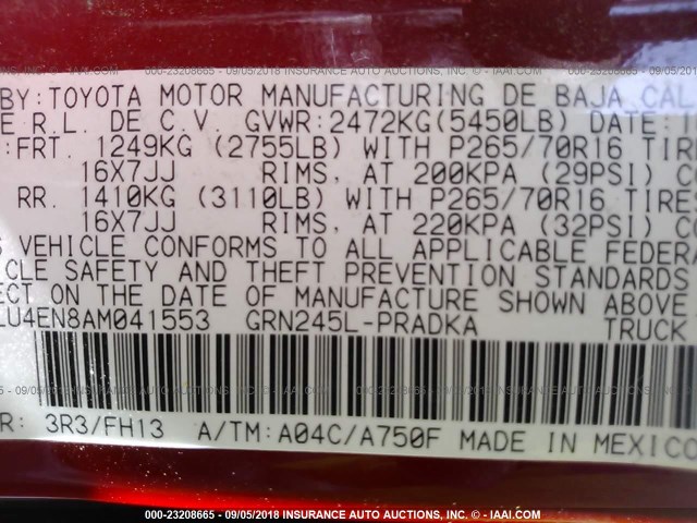 3TMLU4EN8AM041553 - 2010 TOYOTA TACOMA DOUBLE CAB წითელი ფოტო 9