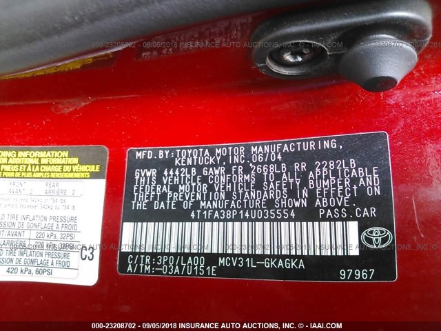 4T1FA38P14U035554 - 2004 TOYOTA CAMRY SOLARA SE/SLE წითელი ფოტო 9