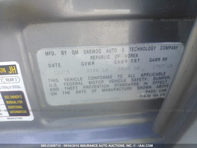 KL1TD56636B618685 - 2006 CHEVROLET AVEO LS GRAY photo 9