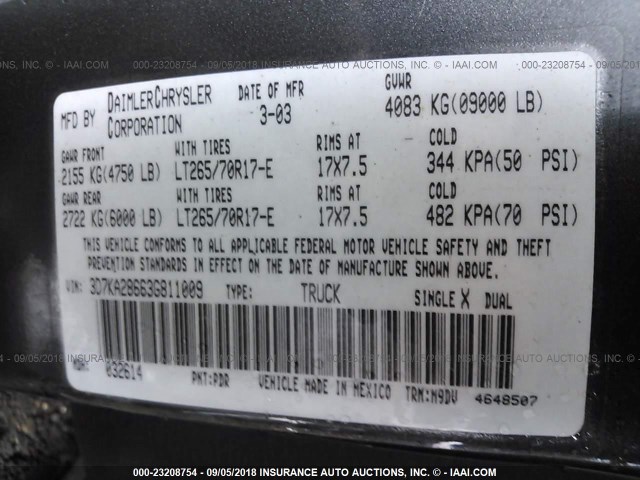 3D7KA28663G811009 - 2003 DODGE RAM 2500 ST/SLT 灰色 照片 9