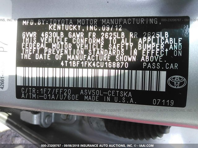 4T1BF1FK4CU168870 - 2012 TOYOTA CAMRY SE/LE/XLE 银色 照片 9