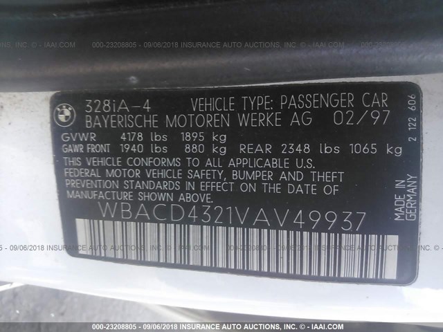 WBACD4321VAV49937 - 1997 BMW 328 I AUTOMATIC WHITE photo 9