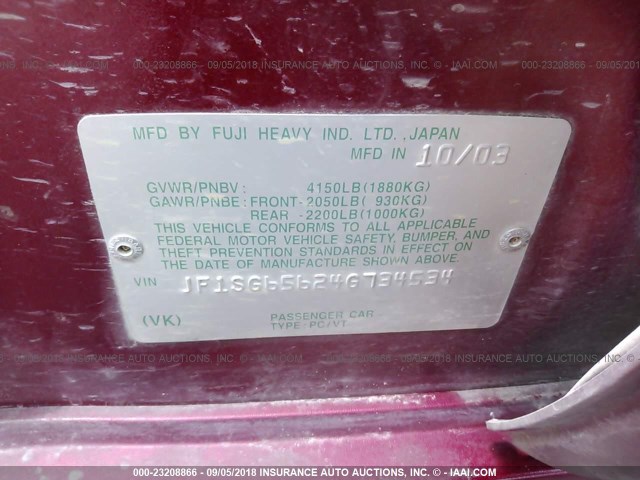 JF1SG65624G734534 - 2004 SUBARU FORESTER 2.5XS Марун фото 9