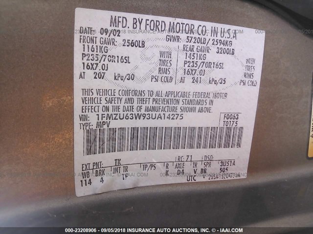 1FMZU63W93UA14275 - 2003 FORD EXPLORER XLT/XLT SPORT/NBX 金色 照片 9