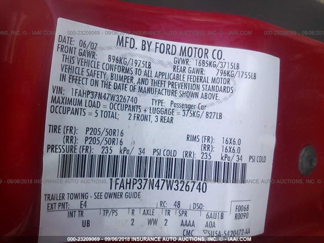 1FAHP37N47W326740 - 2007 FORD FOCUS ZX5/S/SE/SES 红色 照片 9