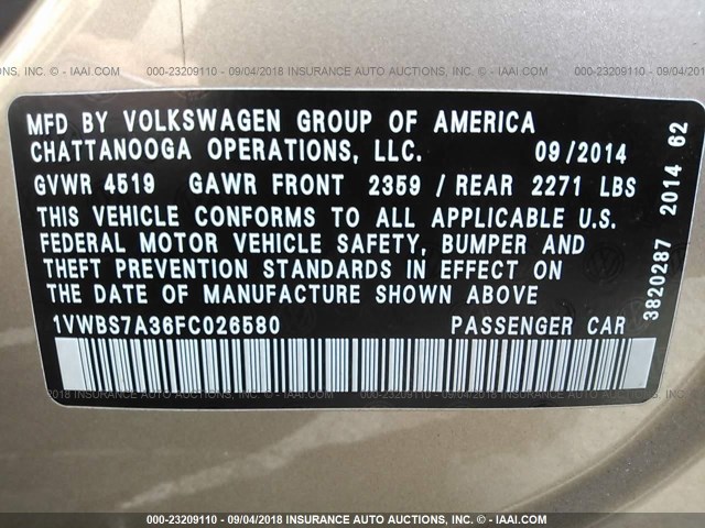 1VWBS7A36FC026580 - 2015 VOLKSWAGEN PASSAT SE GOLD photo 9