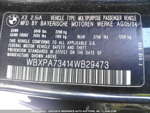 WBXPA73414WB29473 - 2004 BMW X3 2.5I BLACK photo 9