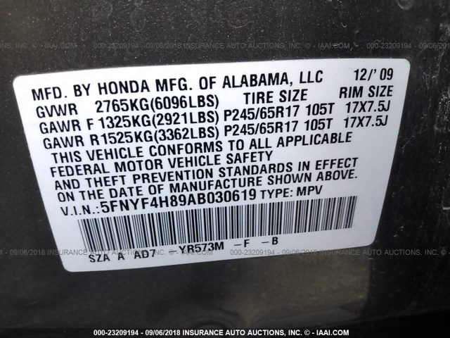 5FNYF4H89AB030619 - 2010 HONDA PILOT TOURING GOLD photo 9