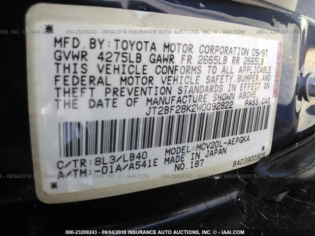 JT2BF28K2W0092822 - 1998 TOYOTA CAMRY LE/XLE BLUE photo 9