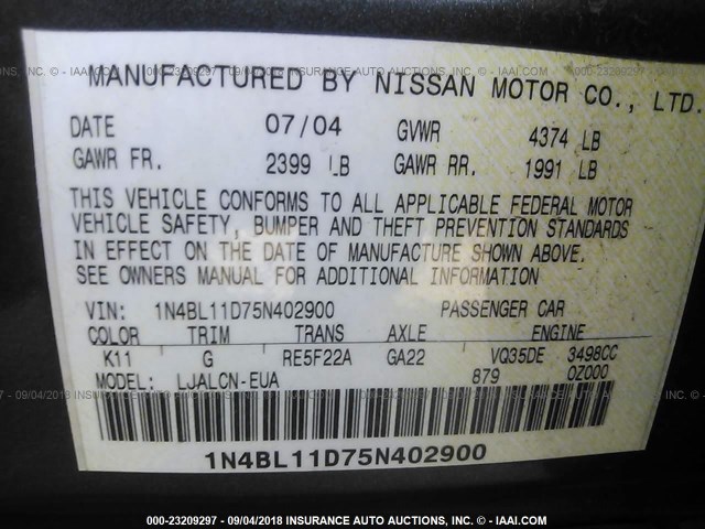 1N4BL11D75N402900 - 2005 NISSAN ALTIMA SE/SL/SE-R GRAY photo 9