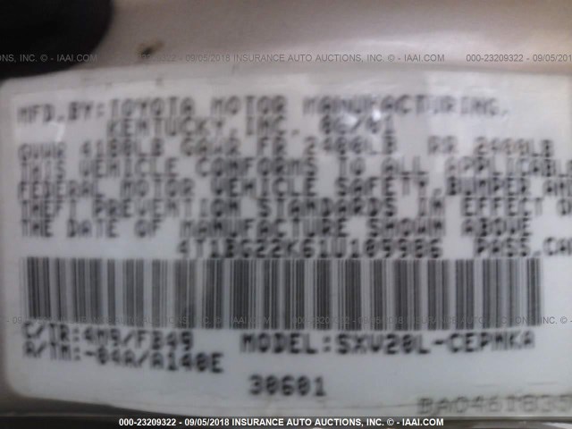 4T1BG22K61U109986 - 2001 TOYOTA CAMRY CE/LE/XLE 棕色 照片 9