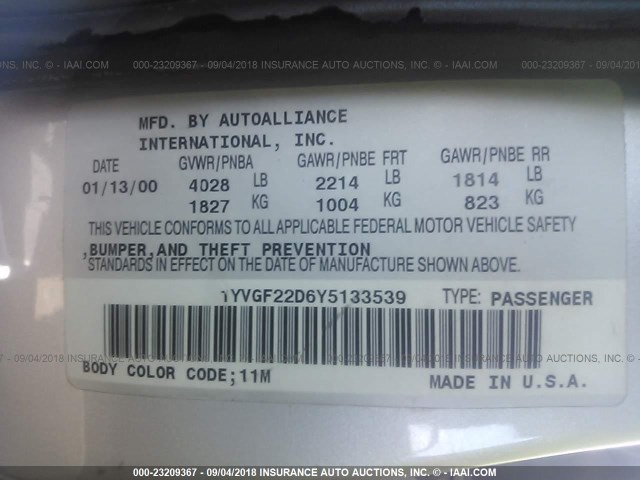 1YVGF22D6Y5133539 - 2000 MAZDA 626 ES/LX SILVER photo 9