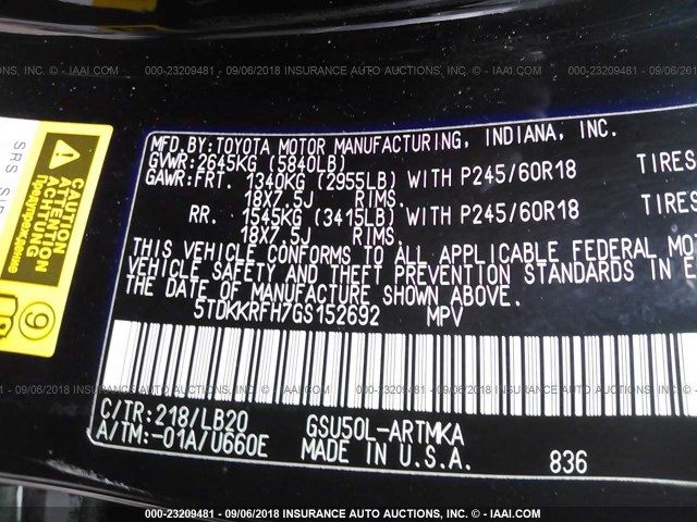 5TDKKRFH7GS152692 - 2016 TOYOTA HIGHLANDER XLE Noir photo 9