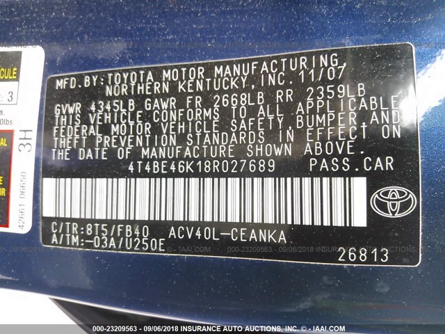 4T4BE46K18R027689 - 2008 TOYOTA CAMRY CE/LE/XLE/SE BLUE photo 9