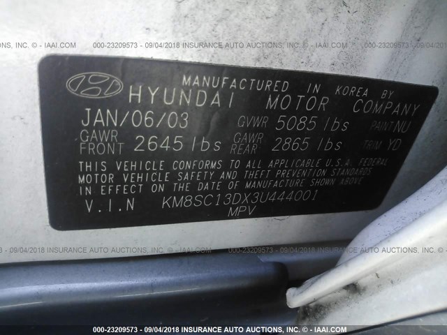 KM8SC13DX3U444001 - 2003 HYUNDAI SANTA FE GLS/LX WHITE photo 9