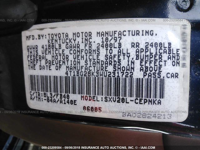 4T1BG28K3WU231722 - 1998 TOYOTA CAMRY CE/LE/XLE 蓝色 照片 9