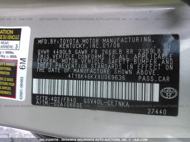 4T1BK46KX8U069636 - 2008 TOYOTA CAMRY LE/XLE/SE Алтын фото 9