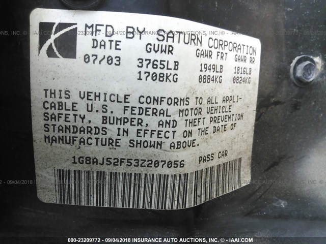1G8AJ52F53Z207056 - 2003 SATURN ION LEVEL 2 银色 照片 9