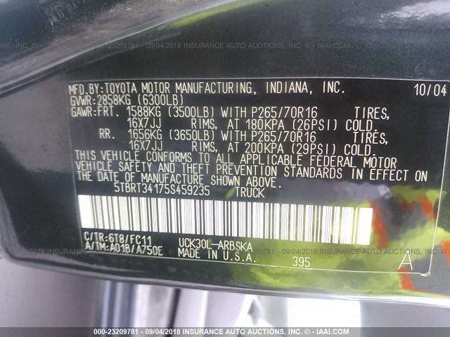 5TBRT34175S459235 - 2005 TOYOTA TUNDRA ACCESS CAB SR5 GREEN photo 9