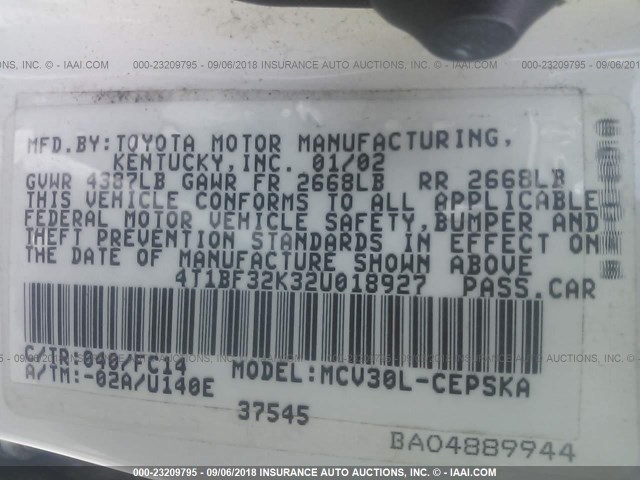 4T1BF32K32U018927 - 2002 TOYOTA CAMRY LE/XLE/SE Ақ фото 9