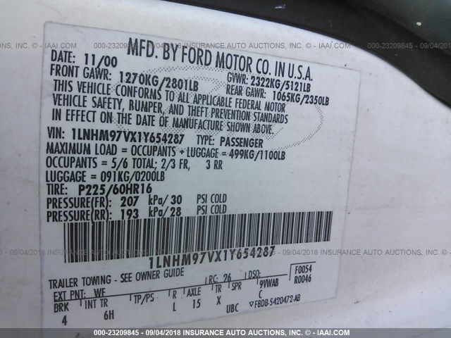 1LNHM97VX1Y654287 - 2001 LINCOLN CONTINENTAL  Biały zdjęcie 9