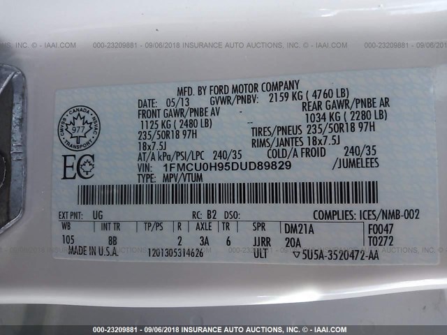 1FMCU0H95DUD89829 - 2013 FORD ESCAPE SEL WHITE photo 9