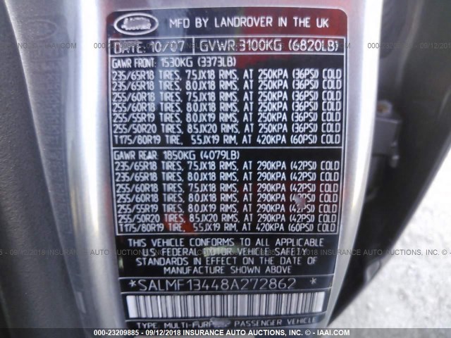 SALMF13448A272862 - 2008 LAND ROVER RANGE ROVER SUPERCHARGED GRAY photo 9