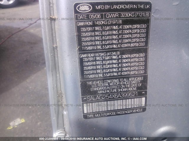 SALAG254X6A399521 - 2006 LAND ROVER LR3 HSE SILVER photo 9