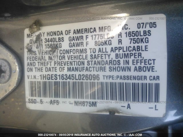 1HGES16345L026096 - 2005 HONDA CIVIC DX VP GRAY photo 9