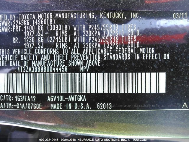 4T3ZA3BB8BU044458 - 2011 TOYOTA VENZA GRAY photo 9