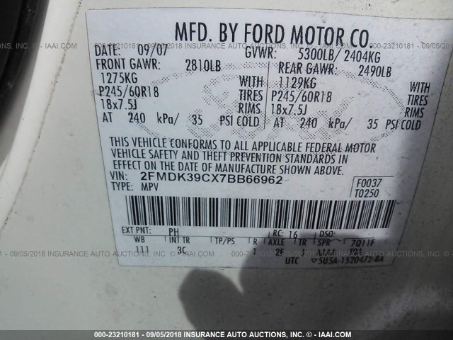 2FMDK39CX7BB66962 - 2007 FORD EDGE SEL PLUS WHITE photo 9