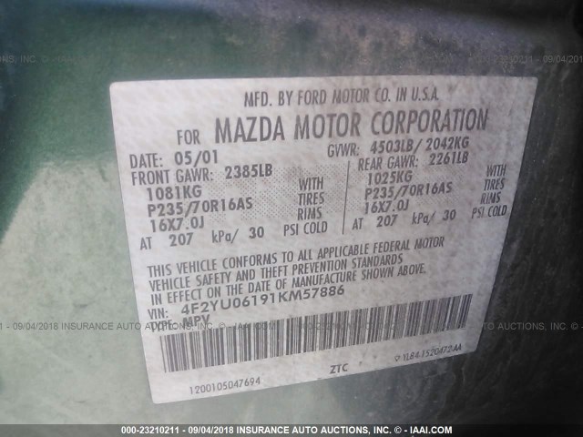 4F2YU06191KM57886 - 2001 MAZDA TRIBUTE DX 绿色 照片 9