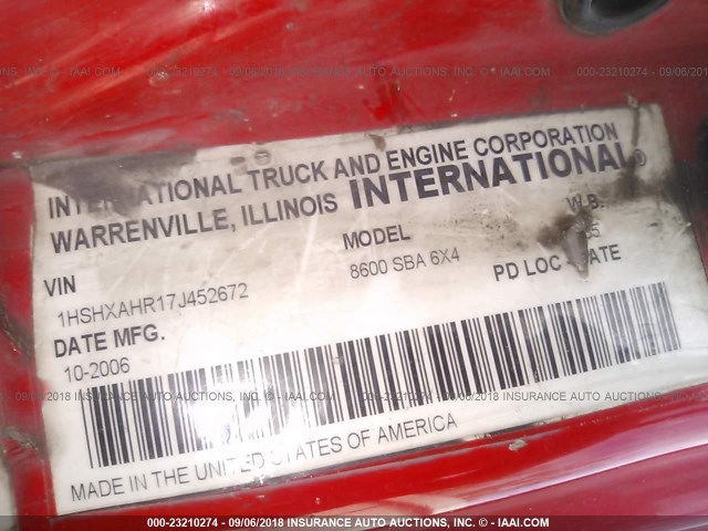 1HSHXAHR17J452672 - 2007 INTERNATIONAL 8600 8600 RED photo 10