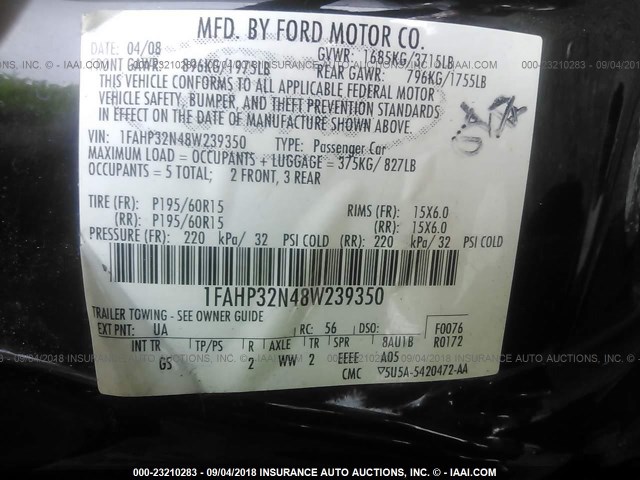 1FAHP32N48W239350 - 2008 FORD FOCUS S/SE BLACK photo 9