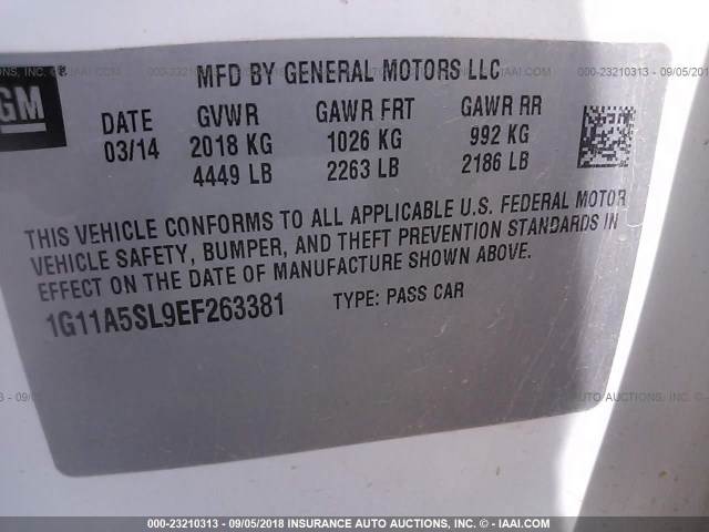 1G11A5SL9EF263381 - 2014 CHEVROLET MALIBU LS 白色 照片 9