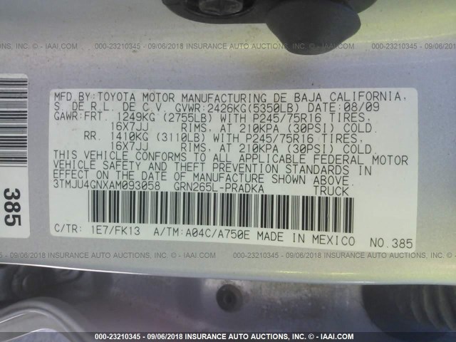 3TMJU4GNXAM093058 - 2010 TOYOTA TACOMA DOUBLE CAB PRERUNNER SILVER photo 9