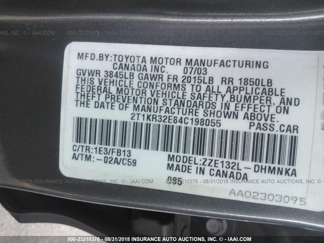 2T1KR32E84C198055 - 2004 TOYOTA COROLLA MATRIX XR GRAY photo 9